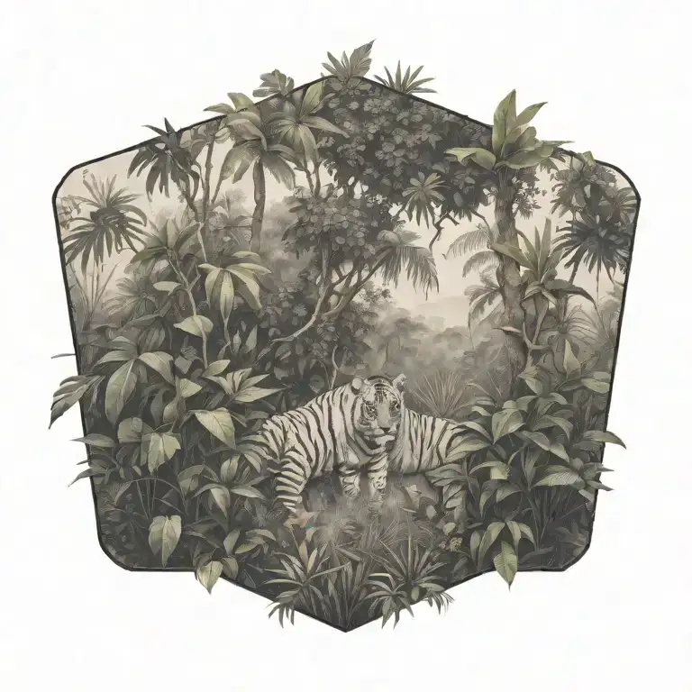 leon with jungle bushes trees forest tattoo design idea