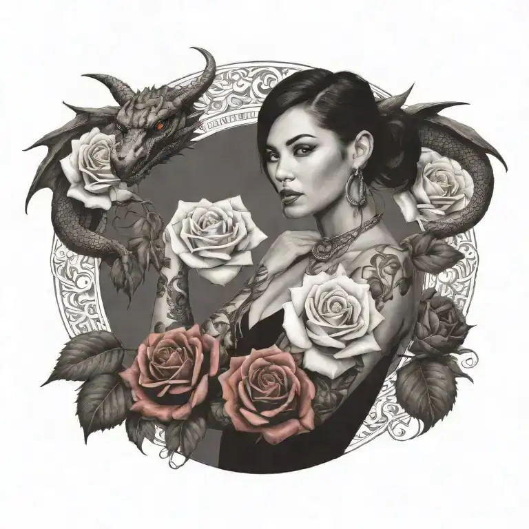 Dragon roses woman posing tattoo design idea