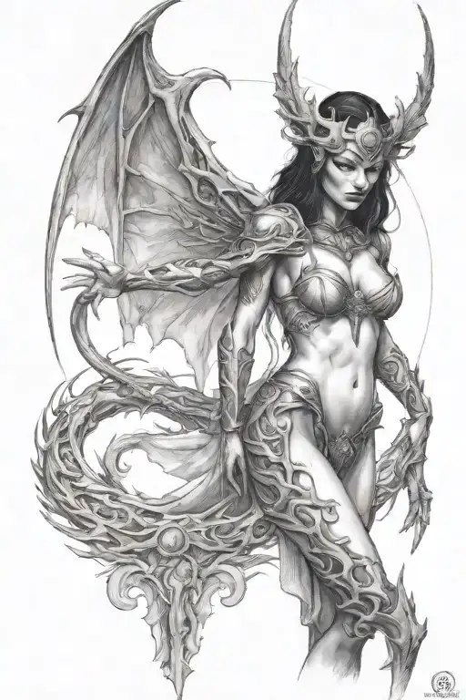 deamon woman stand posing  tattoo design idea