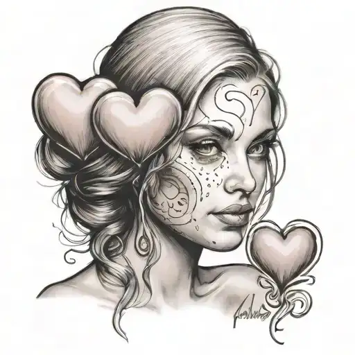 woman looking at you and sending you  love hearts tattoo design idea
