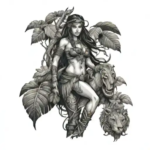 amazon warrior woman with  long hair stand beside a big jungle tree in jungle forest tattoo design idea