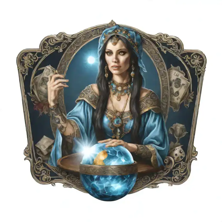beautiful fortune teller with tarot cards and a glowing blue crystal ball and dice around the fortune teller tattoo design idea