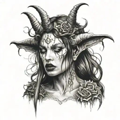 Angelface woman kissing a devil horns black back ground tattoo design idea