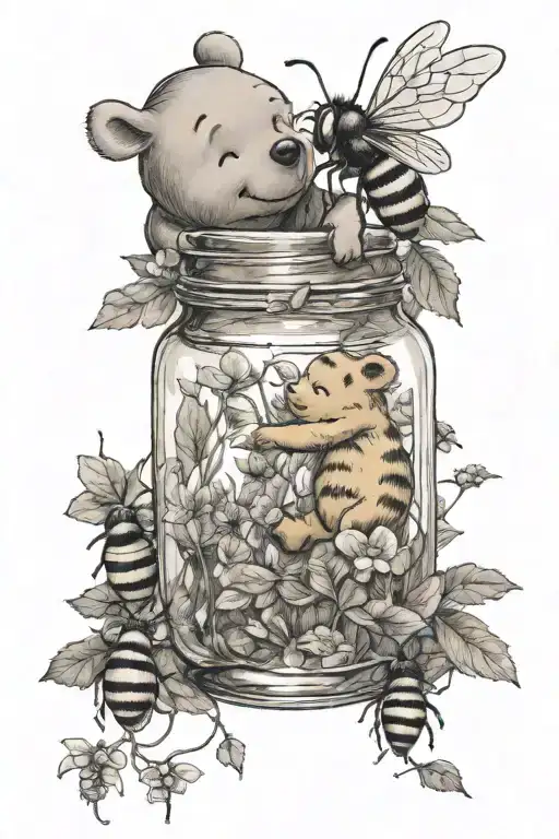 winnie the pooh only small bees buzzing with hony jar tattoo design idea