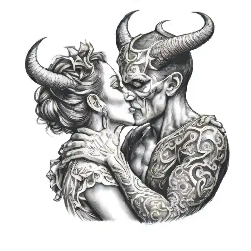 Angelface woman kissing a devil man with horns black back ground tattoo design idea