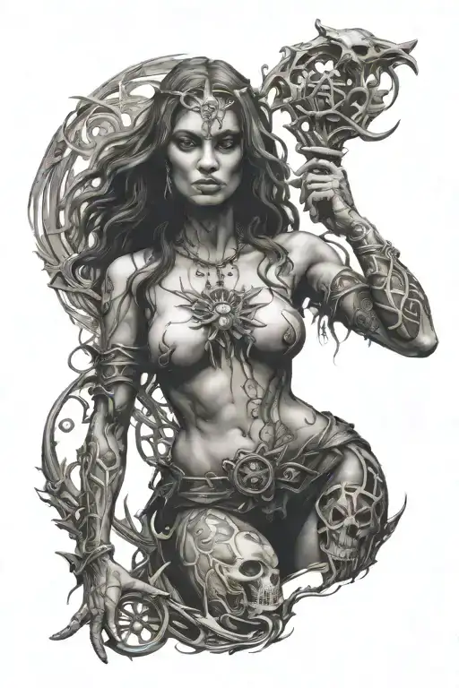 deamon woman stand posing  tattoo design idea