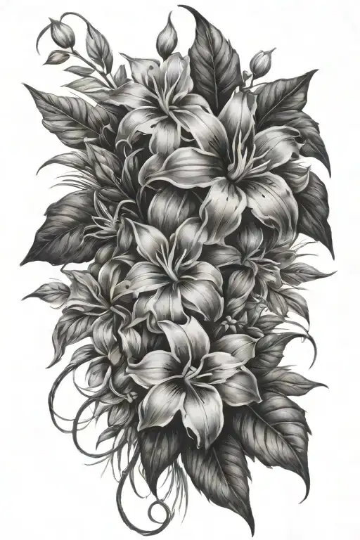jungle creeper flowers all round gray and black grey style tattoo design idea