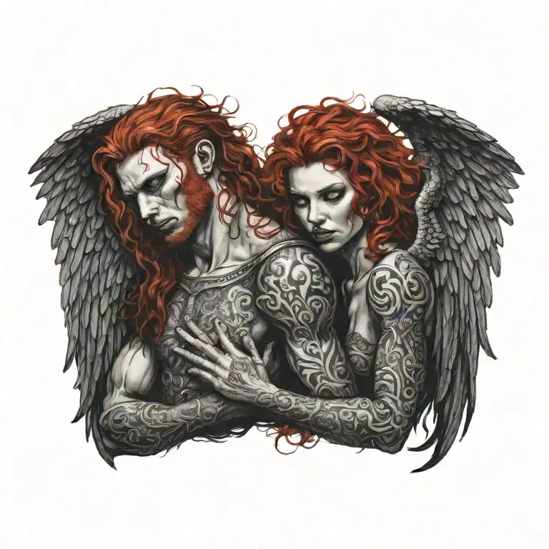 irreal dark heaven, epic illustration of majestic red haired female demon hugging a black haired male angel, highly deta tattoo design idea