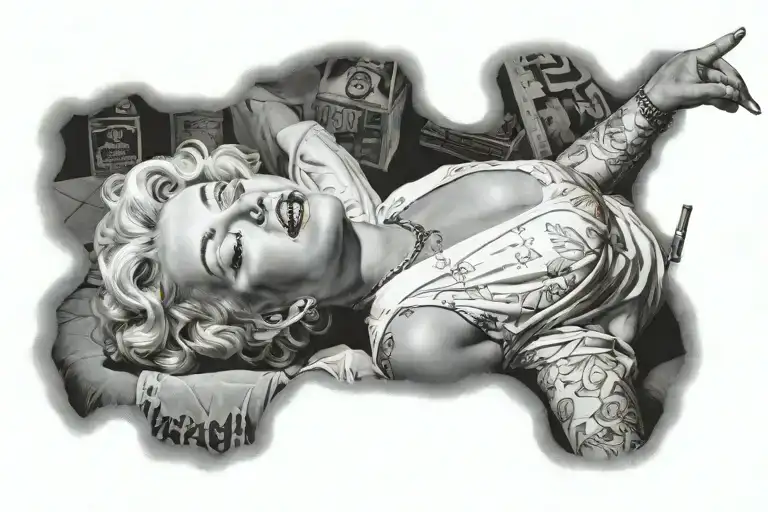 "ultra realistic" marilyn monroe  lies down and holds a cigarette in one hand and smiles tattoo design idea