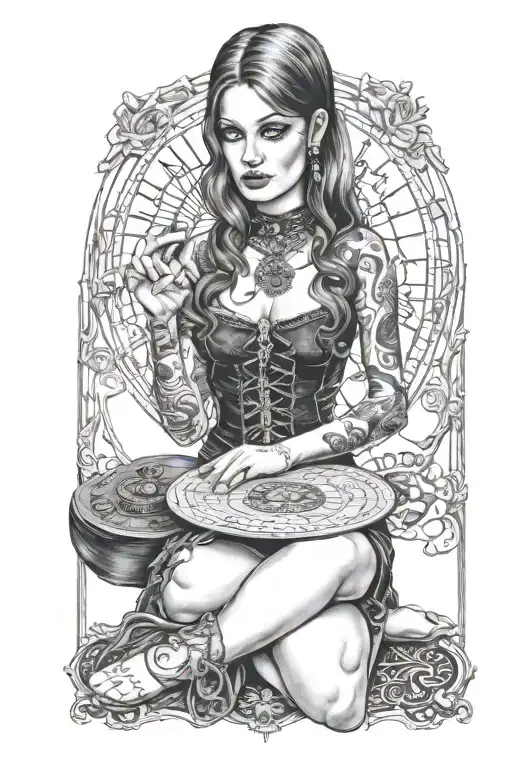 Ouija board woman posing together looking tattoo design idea