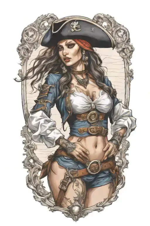 super real sexig pirate woman standing posing HANDS MUST LOOK REAL  tattoo design idea