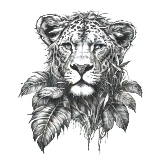 leon with jungle bushes trees forest tattoo design idea