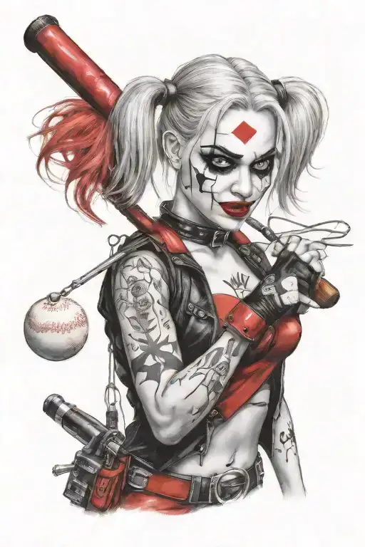 "ultra-realistic" harley quinn with baseball  racket  batman in background  tattoo design idea