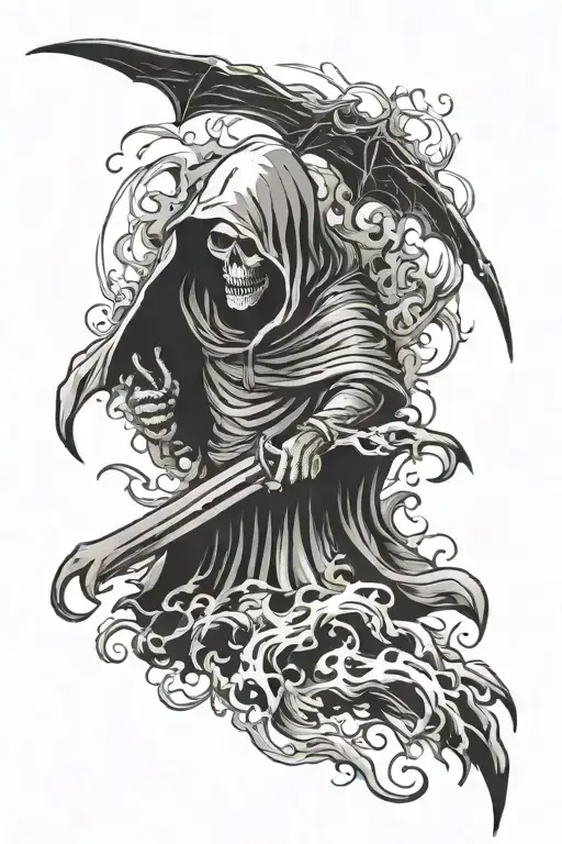 Hooded Reaper Silohuette, Smoke, Fire, Scary, Bat Wings  tattoo design idea