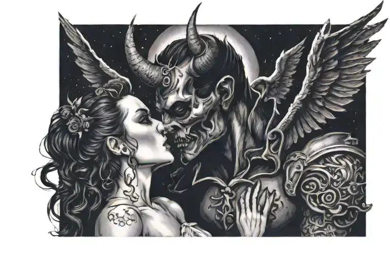 Devil man with horn Kissing a beautiful angel woman .dark background with night sky tattoo design idea