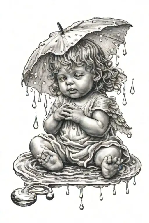 small rain drops falling down and baby angel tattoo design idea