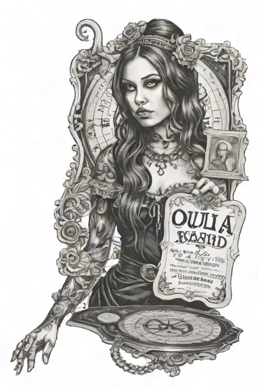 Ouija board woman posing together looking tattoo design idea