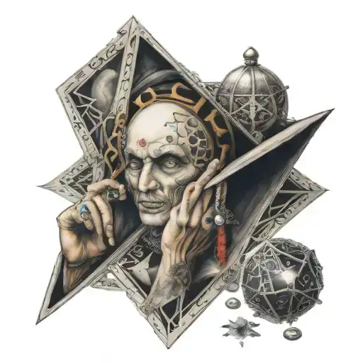 fortune teller with tarot cards and a crystal ball and dice around the fortune teller tattoo design idea