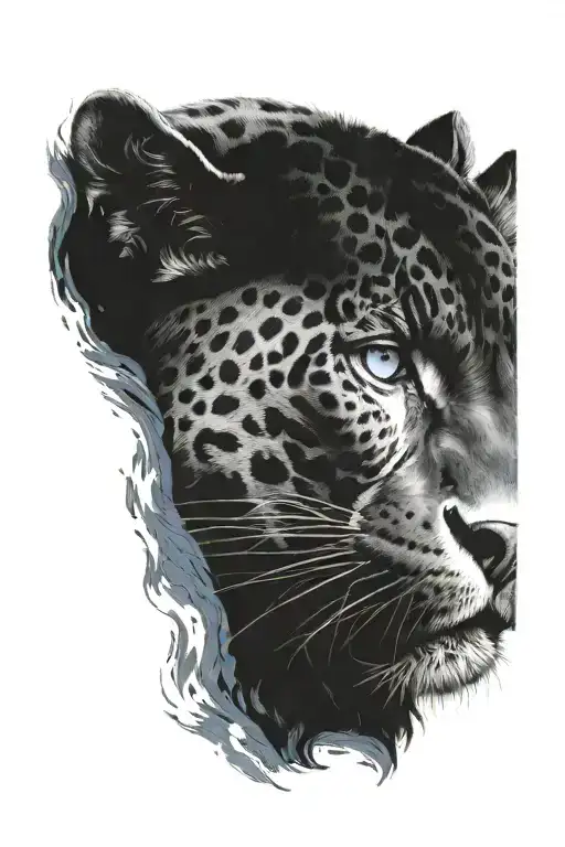 black jaguar in the night with blue eyes looking right side tattoo design idea
