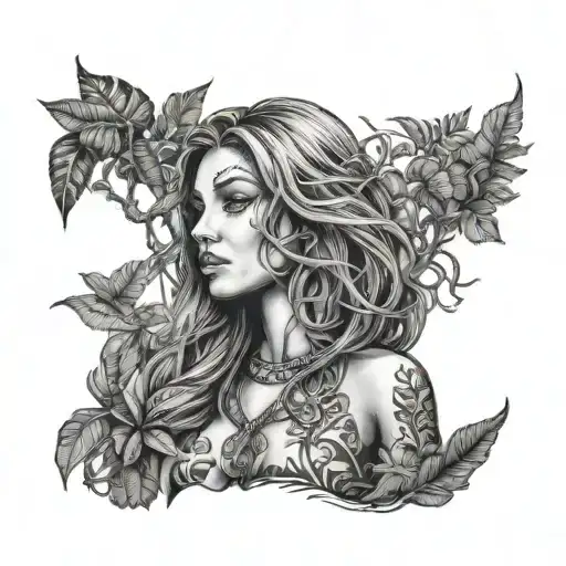 amazon woman with  long hair in jungle forest with trees  tattoo design idea