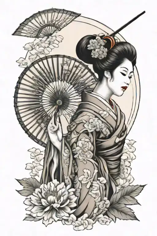 japanese geisha holding sun fan tattoo design idea