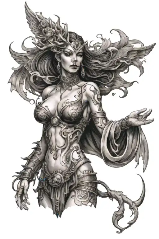 Deamon Woman With big breast  Stand Posing Tattoo tattoo design idea