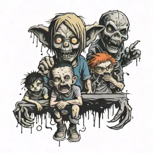 3 small evild bad kids hide kife tattoo design idea