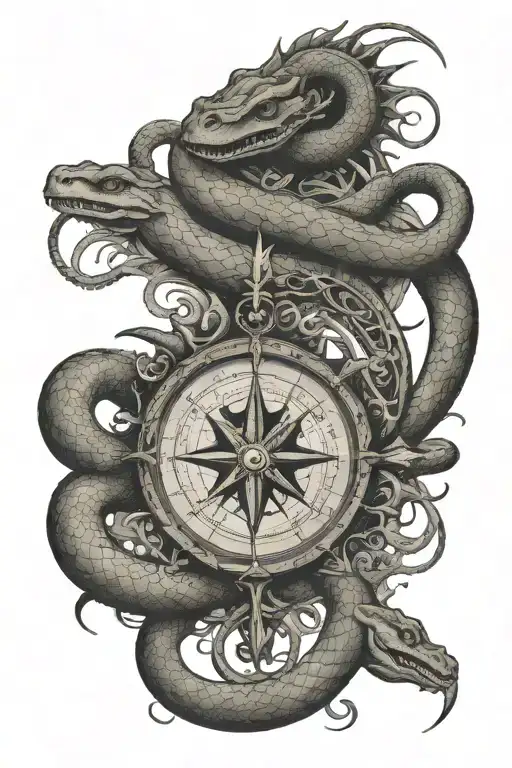 snake wrapping monsters fight against sailors compass rose tattoo design idea
