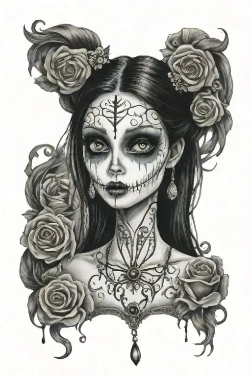 Emily Corpse Bride wielding  big eyes long black hair smudged mascara tattoo design idea