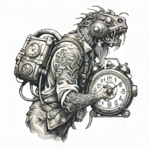 time travel machine operator working with jungle and monsters tattoo design idea