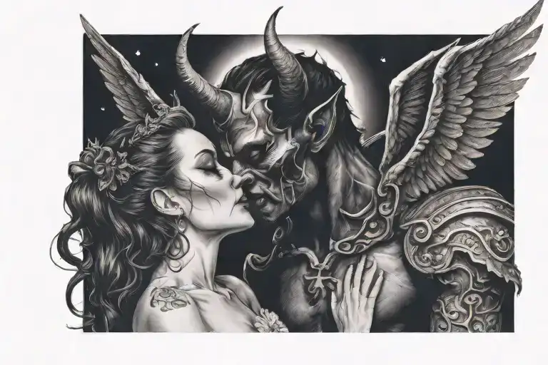 Devil man with horn Kissing a beautiful angel woman .dark background with night sky tattoo design idea