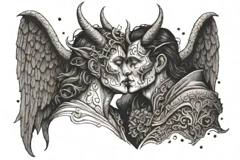 Devil man with horn Kissing a beautiful angel woman .dark background with night sky tattoo design idea