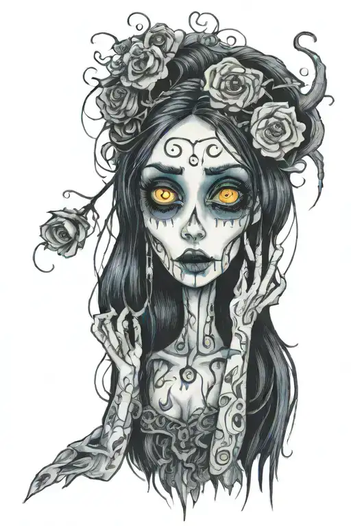 Emily Corpse Bride wielding  big eyes long black hair smudged mascara and Victor Van Dort tattoo design idea