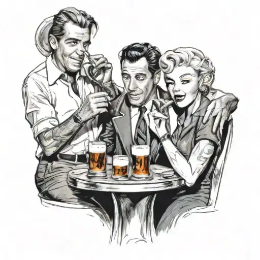 "ultra realistic" marilyn monroe and  humphrey bogart and elvis presley sit in a bar drinking beer tattoo design idea