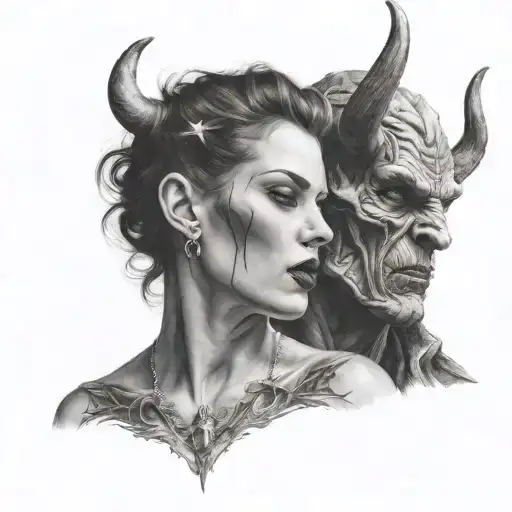 Angelface woman kissing a devil man with horns wrapped tattoo design idea