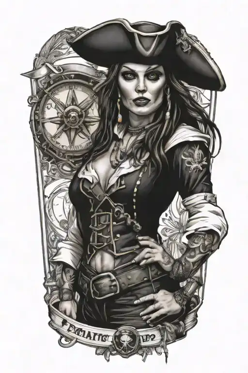 super real sexig pirate woman standing posing tattoo design idea