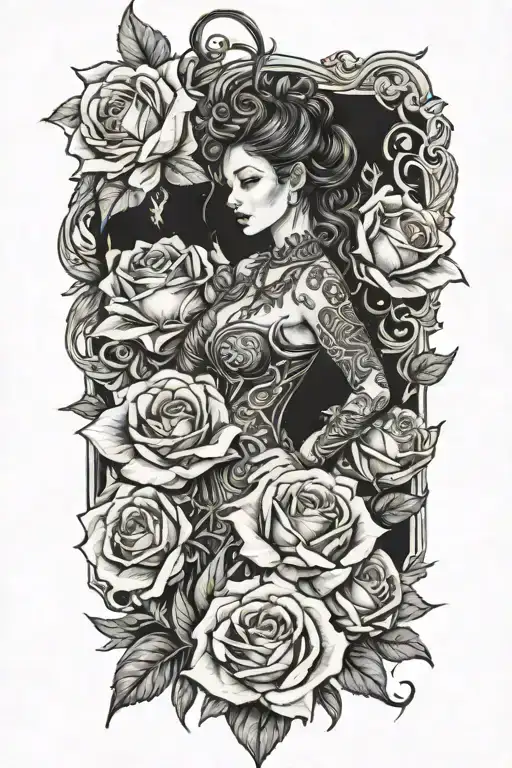 Dragon roses woman dices standing tall tattoo design idea