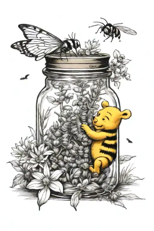 winnie the pooh only small bees buzzing with hony jar tattoo design idea