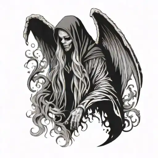 Hooded Reaper Silohuette, Smoke, Fire, Scary, Bat Wings stand in front of a beautiful angel woman with long blond hair tattoo design idea