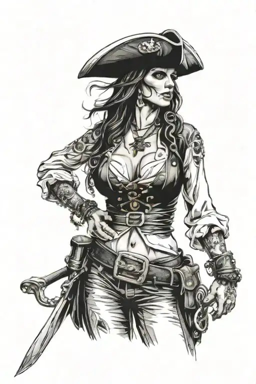 super real sexig pirate woman standing posing tattoo design idea