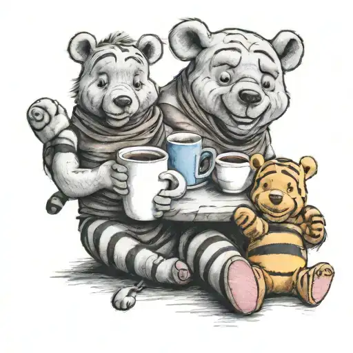Winnie the Pooh with friends Tigger Piglet Eeyore holding a coffee mug tattoo design idea
