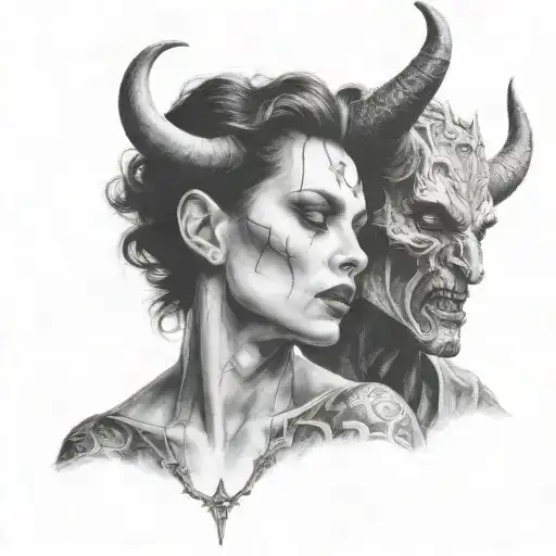 Angelface woman kissing a devil man with horns wrapped pentagram circle tattoo design idea