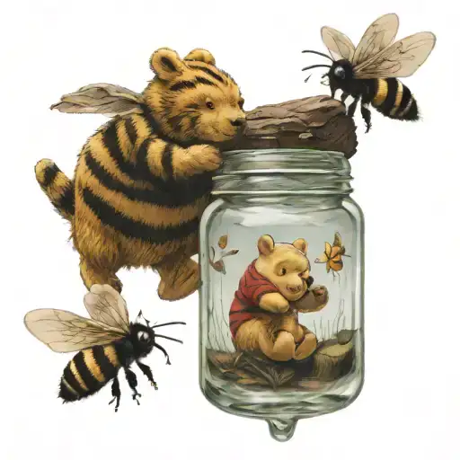 winnie the pooh " honey jar " whit bees flying tattoo design idea