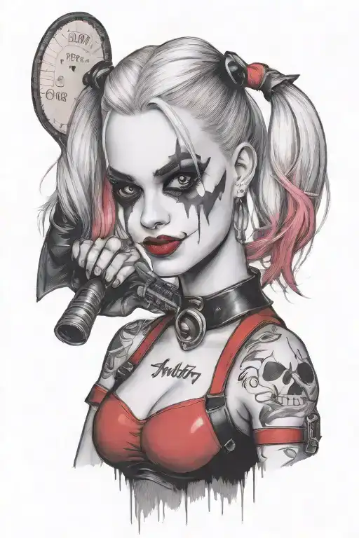 "ultra-realistic" harley quinn with baseball  racket  wear a batman mask  tattoo design idea