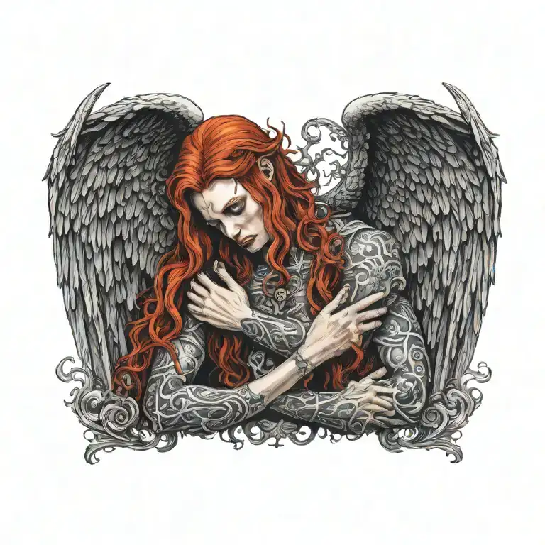 irreal dark heaven, epic illustration of majestic red haired female demon hugging a black haired male angel, highly deta tattoo design idea