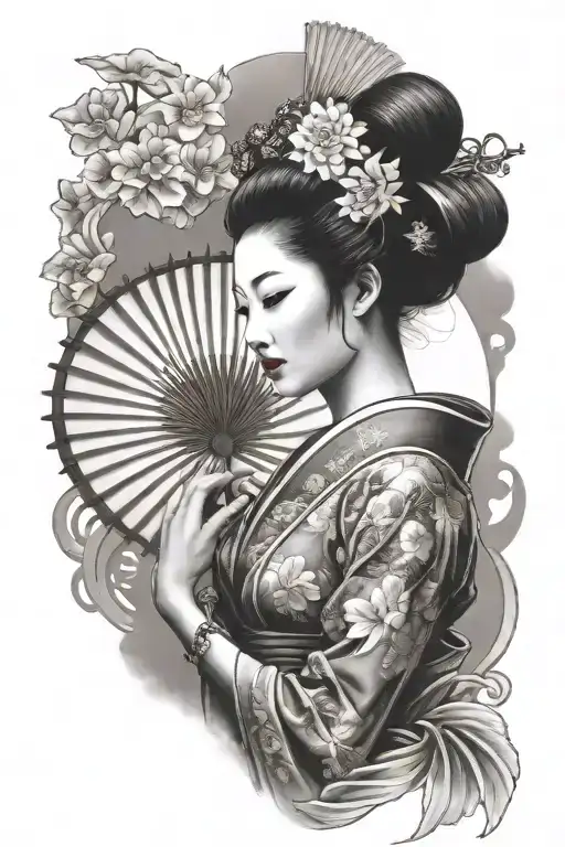 beautiful japanese geisha holding sun fan tattoo design idea