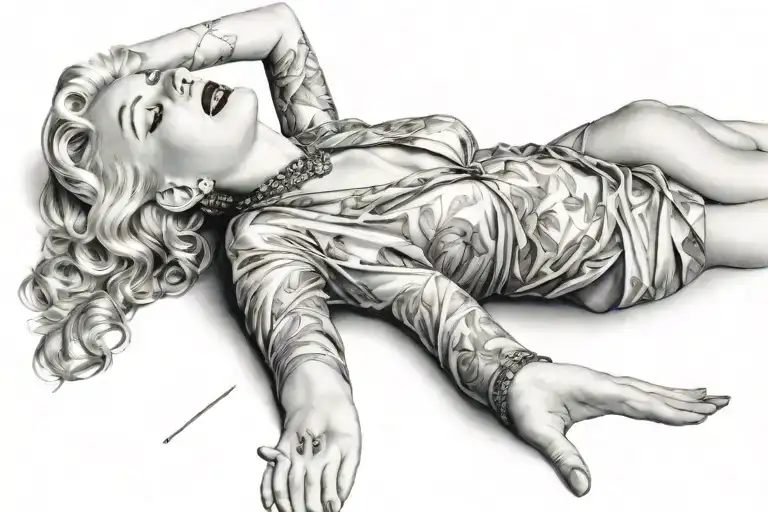 "ultra realistic" marilyn monroe  lies down and holds a cigarette in one hand and smiles tattoo design idea