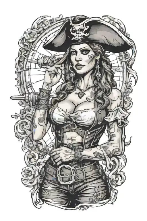 super real sexig pirate woman standing posing HANDS MUST LOOK REAL  tattoo design idea