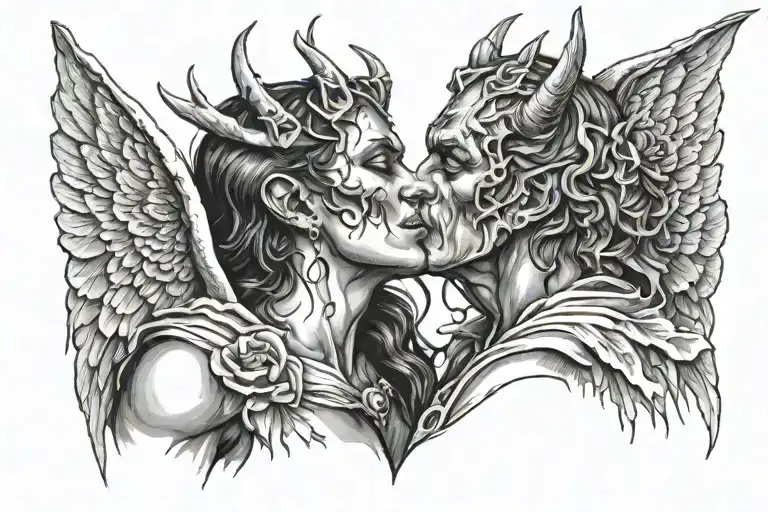 Devil man with horn Kissing a beautiful angel woman .dark background with night sky tattoo design idea