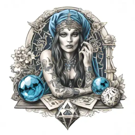 beautiful fortune teller with tarot cards and a blue crystal ball and dice around the fortune teller tattoo design idea